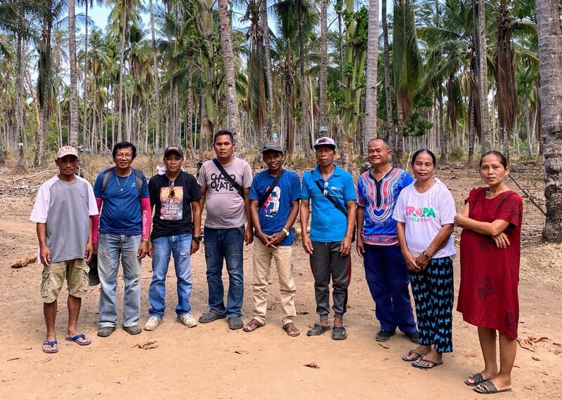 A group of people standing in front of tall trees.